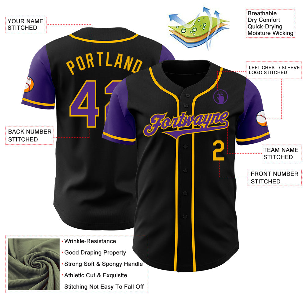 Custom Black Purple-Gold Authentic Two Tone Baseball Jersey - Sky-Custom
