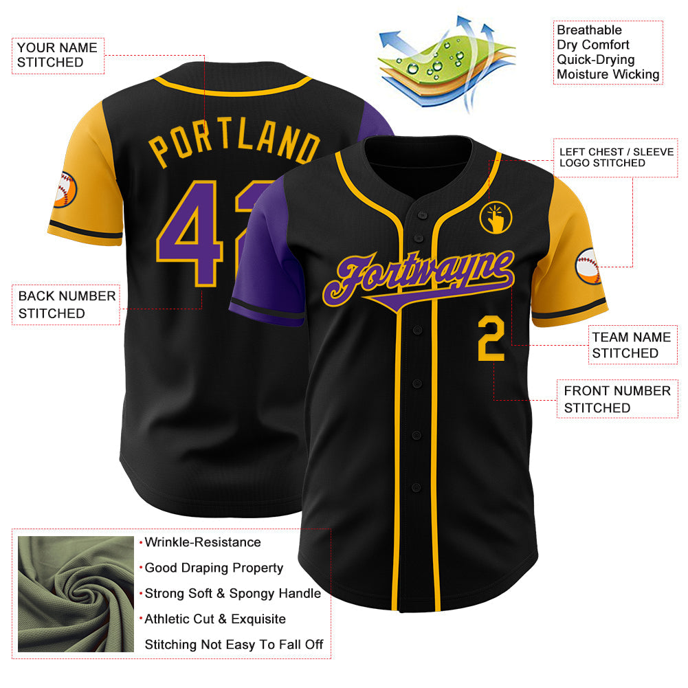 Custom Black Purple-Gold Authentic Two Tone Baseball Jersey - Sky-Custom