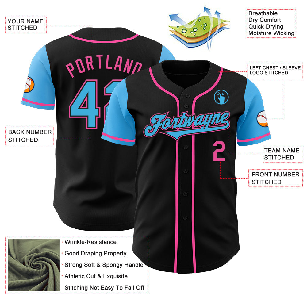 Custom Black Sky Blue-Pink Authentic Two Tone Baseball Jersey - Sky-Custom