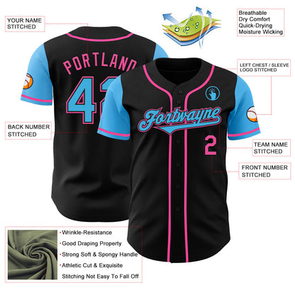 Custom Black Sky Blue-Pink Authentic Two Tone Baseball Jersey - Sky-Custom