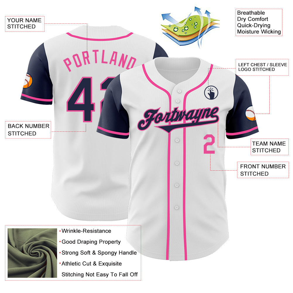 Custom White Navy-Pink Authentic Two Tone Baseball Jersey - Sky-Custom