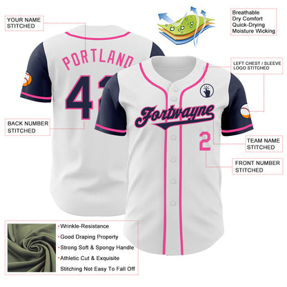 Custom White Navy-Pink Authentic Two Tone Baseball Jersey - Sky-Custom