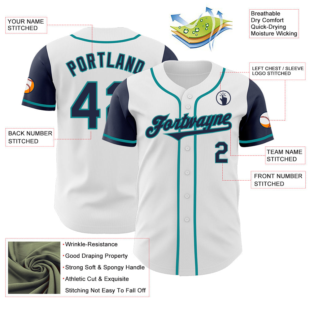 Custom White Navy-Teal Authentic Two Tone Baseball Jersey - Sky-Custom