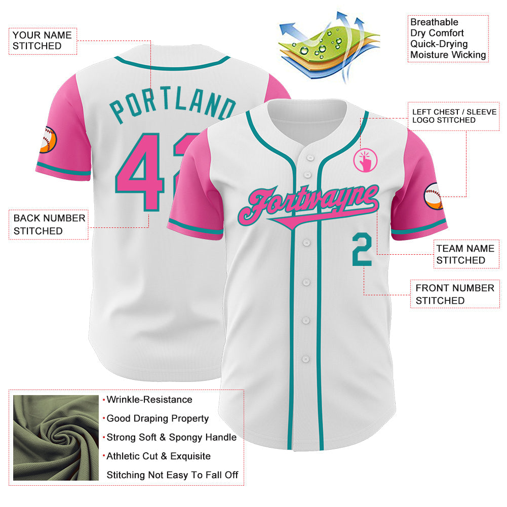 Custom White Pink-Teal Authentic Two Tone Baseball Jersey - Sky-Custom