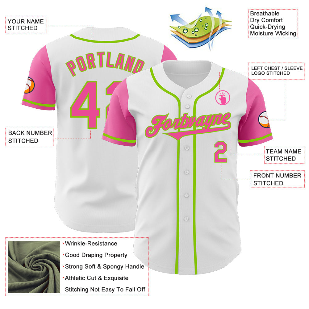 Custom White Pink-Neon Green Authentic Two Tone Baseball Jersey - Sky-Custom