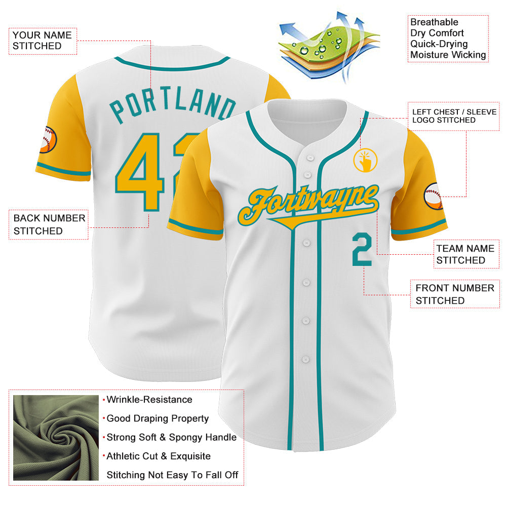 Custom White Gold-Teal Authentic Two Tone Baseball Jersey - Sky-Custom