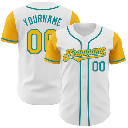 Custom White Gold-Teal Authentic Two Tone Baseball Jersey - Sky-Custom