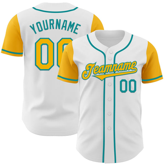 Custom White Gold-Teal Authentic Two Tone Baseball Jersey - Sky-Custom