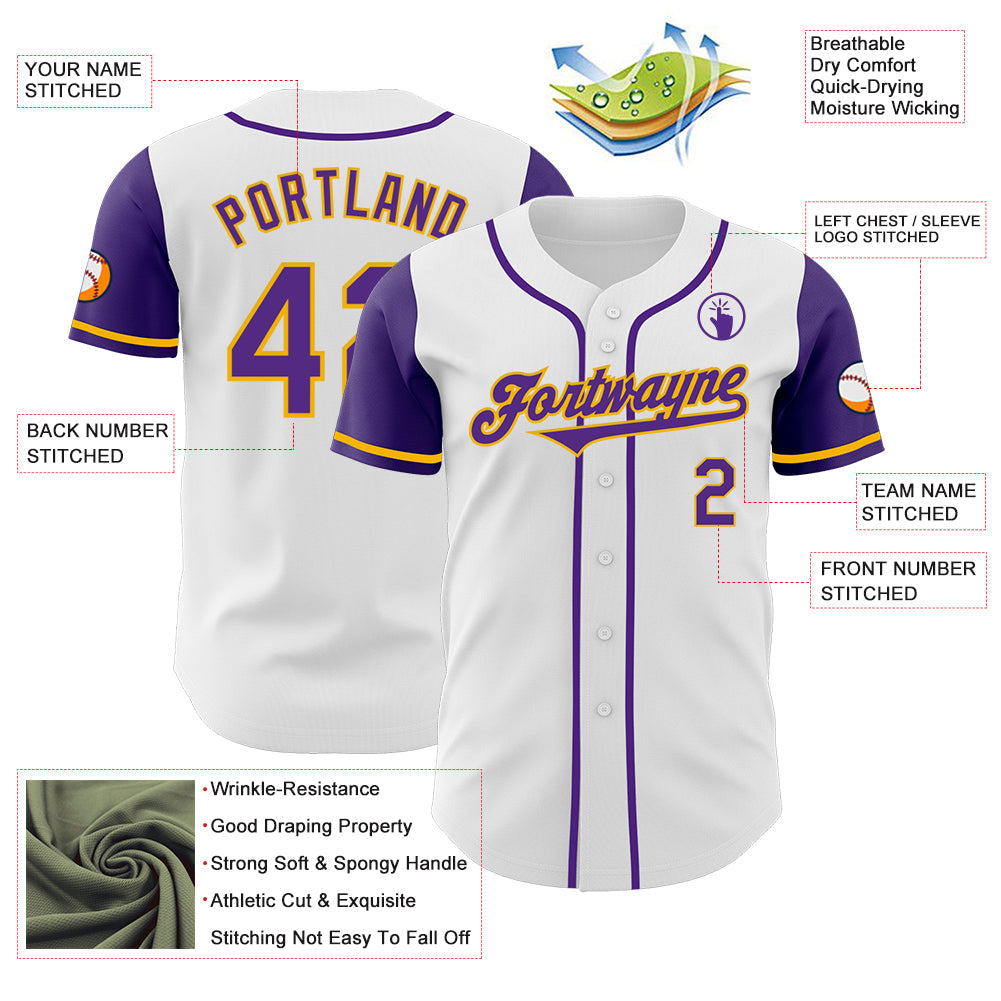 Custom White Purple-Gold Authentic Two Tone Baseball Jersey - Sky-Custom