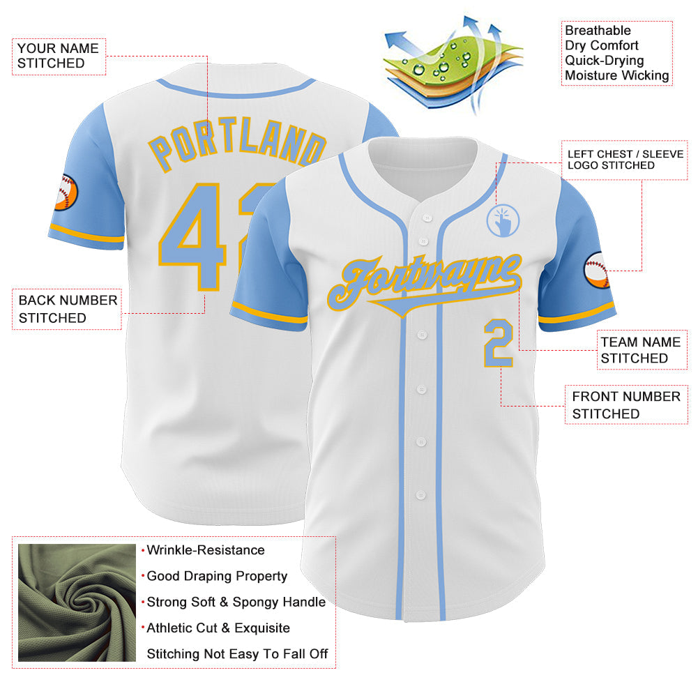 Custom White Light Blue-Gold Authentic Two Tone Baseball Jersey - Sky-Custom
