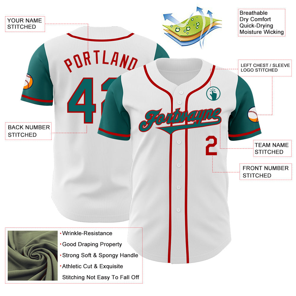 Custom White Teal-Red Authentic Two Tone Baseball Jersey - Sky-Custom