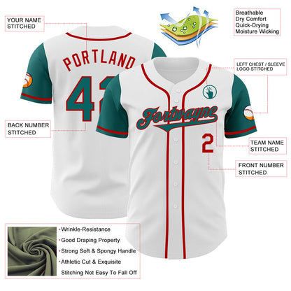Custom White Teal-Red Authentic Two Tone Baseball Jersey - Sky-Custom