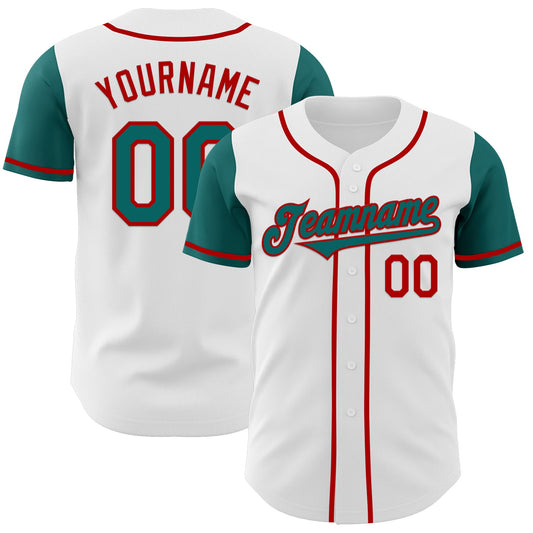 Custom White Teal-Red Authentic Two Tone Baseball Jersey - Sky-Custom