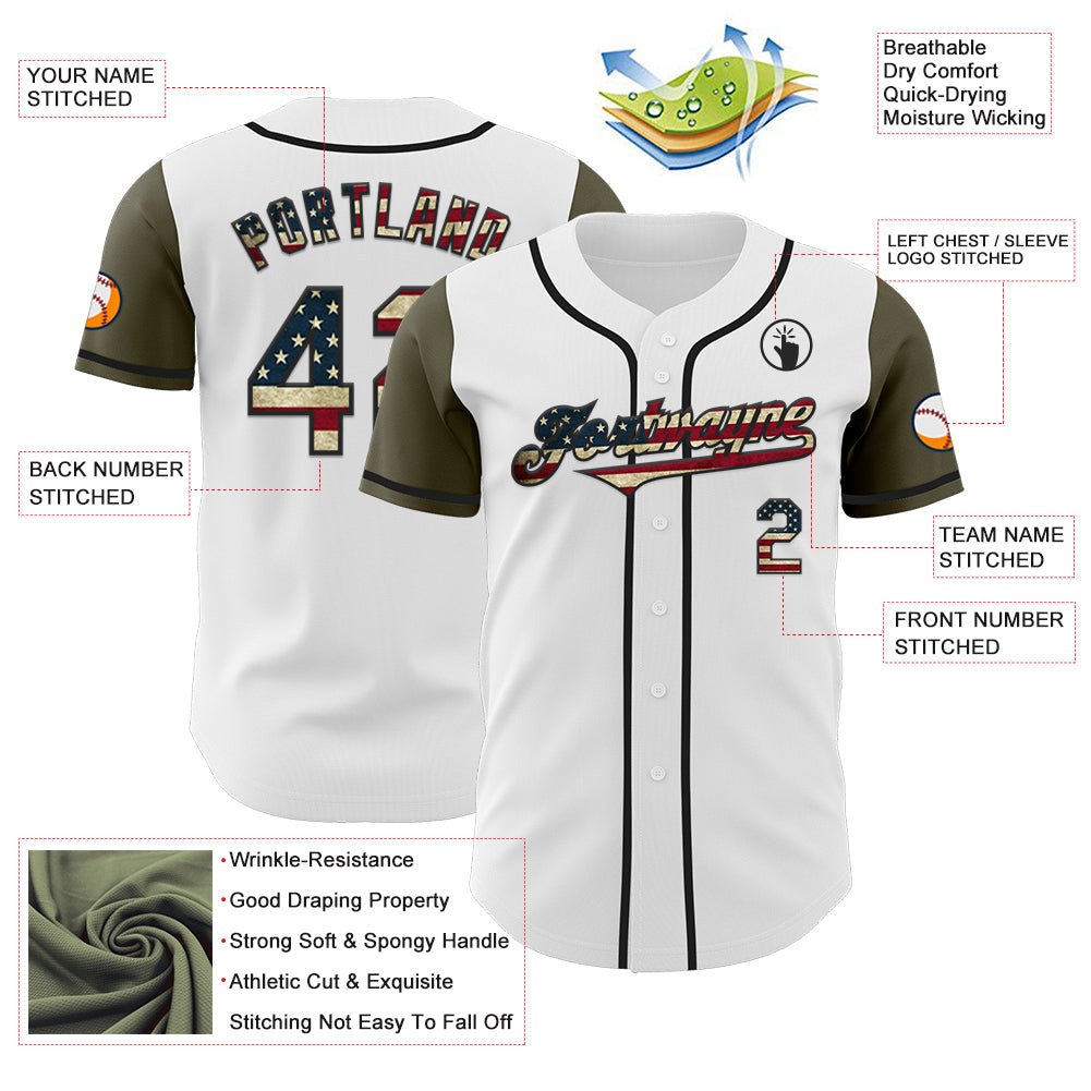 Custom White Vintage USA Flag Black-Olive Authentic Two Tone Baseball Jersey - Sky-Custom