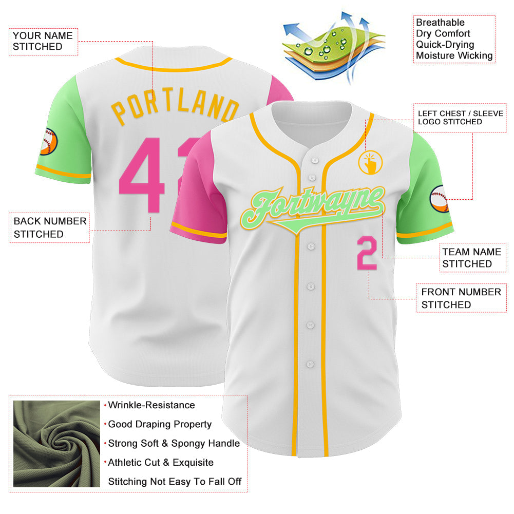 Custom White Pink Pea Green-Gold Authentic Two Tone Baseball Jersey - Sky-Custom