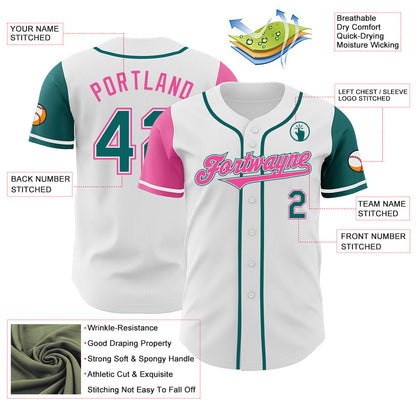 Custom White Teal-Pink Authentic Two Tone Baseball Jersey - Sky-Custom