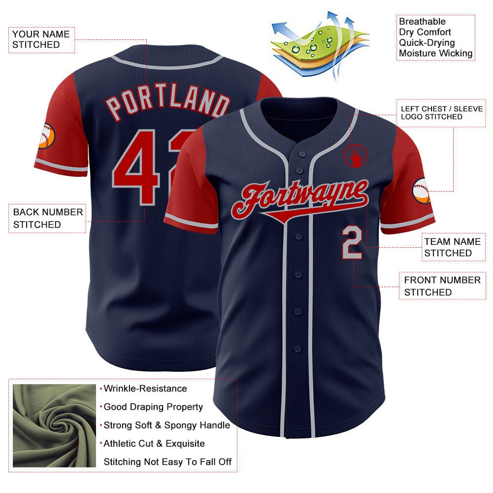 Custom Navy Red-Gray Authentic Two Tone Baseball Jersey - Sky-Custom