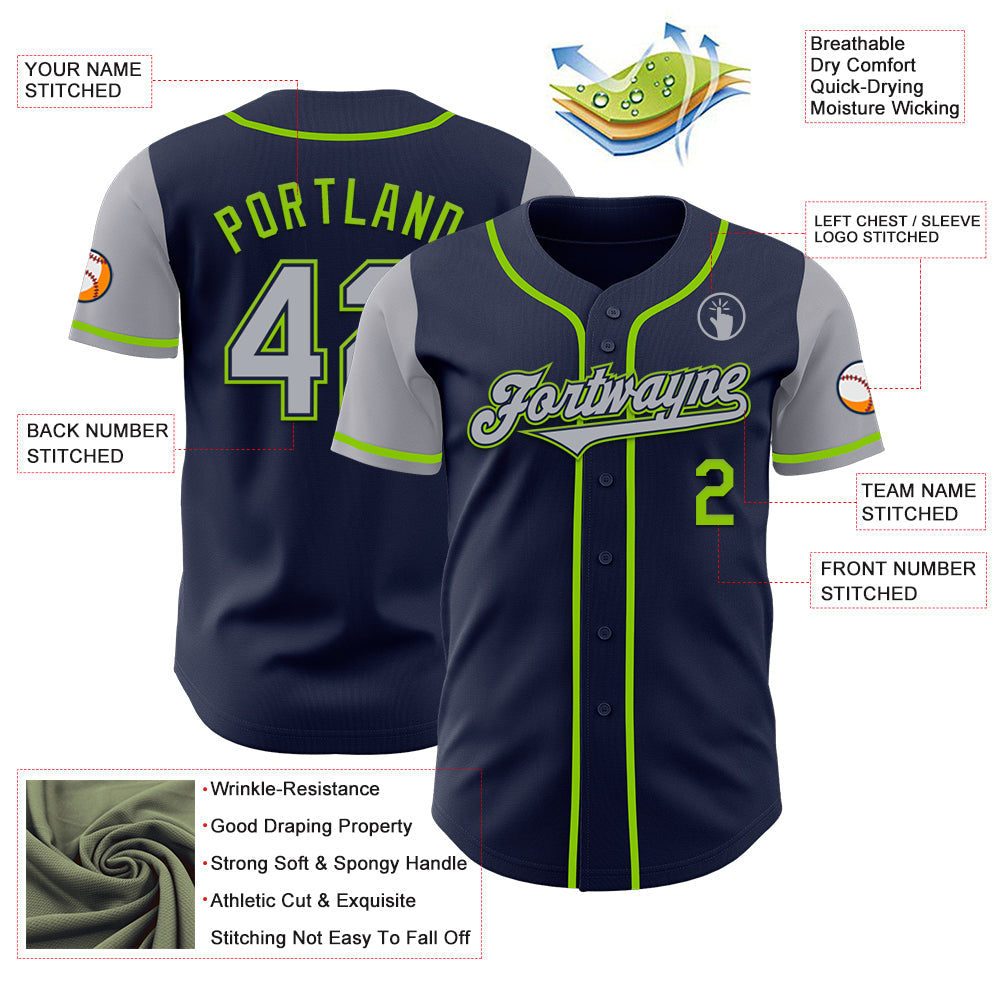 Custom Navy Gray-Neon Green Authentic Two Tone Baseball Jersey - Sky-Custom