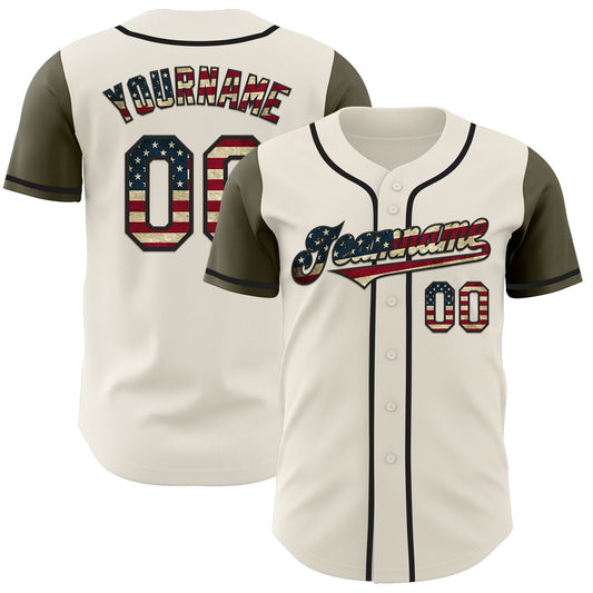 Custom Cream Vintage USA Flag Olive-Black Authentic Two Tone Baseball Jersey - Sky-Custom