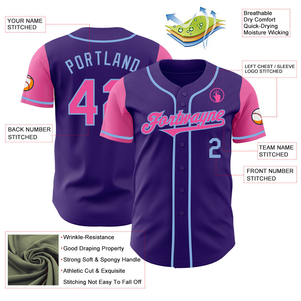Custom Purple Pink-Light Blue Authentic Two Tone Baseball Jersey - Sky-Custom
