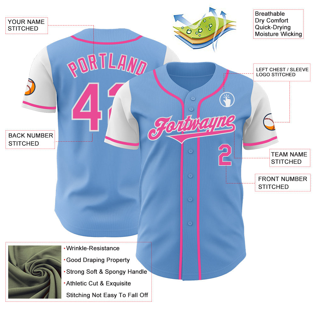 Custom Light Blue Pink-White Authentic Two Tone Baseball Jersey - Sky-Custom