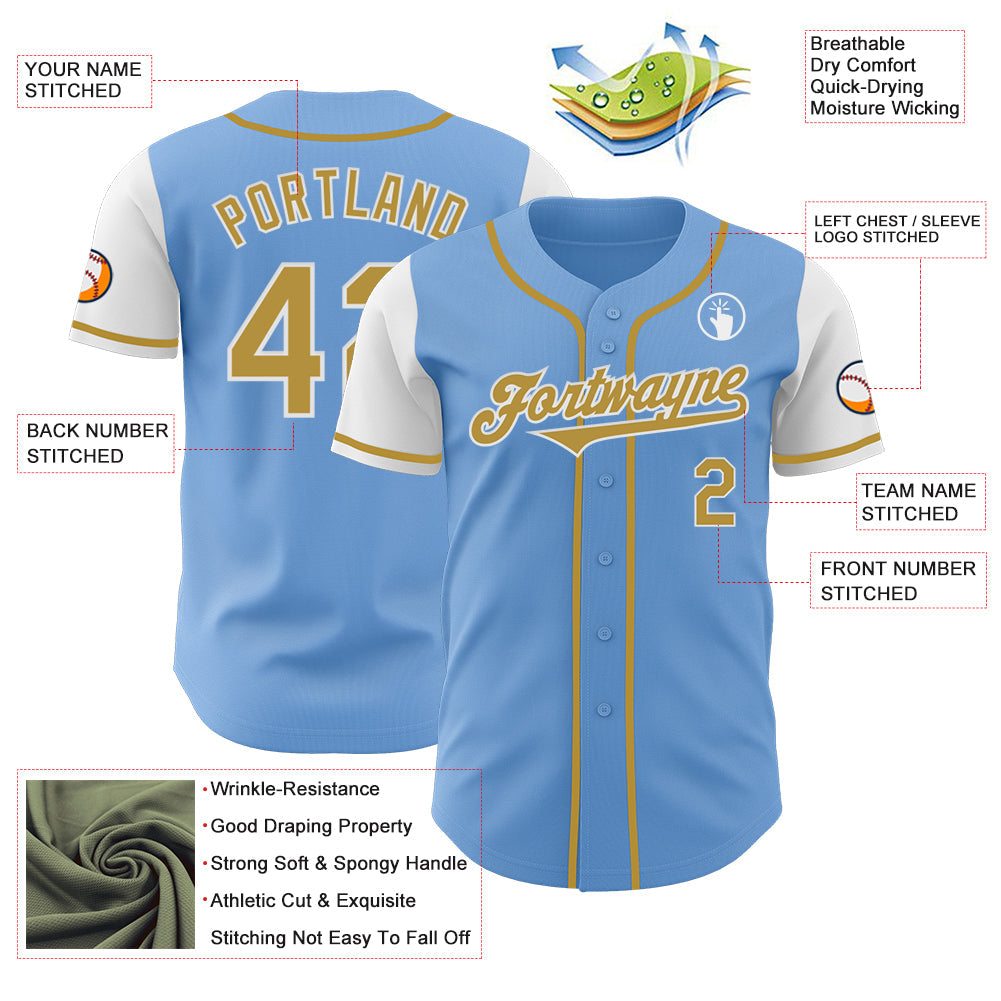 Custom Light Blue Old Gold-White Authentic Two Tone Baseball Jersey - Sky-Custom