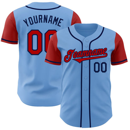 Custom Light Blue Red-Navy Authentic Two Tone Baseball Jersey - Sky-Custom