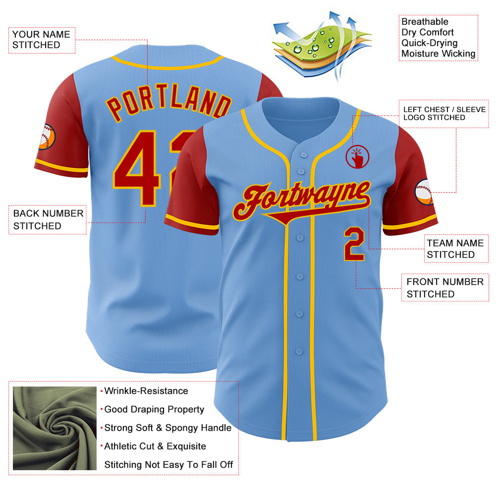 Custom Light Blue Red-Yellow Authentic Two Tone Baseball Jersey - Sky-Custom