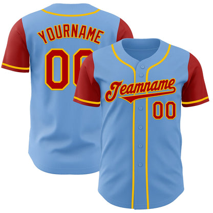 Custom Light Blue Red-Yellow Authentic Two Tone Baseball Jersey - Sky-Custom