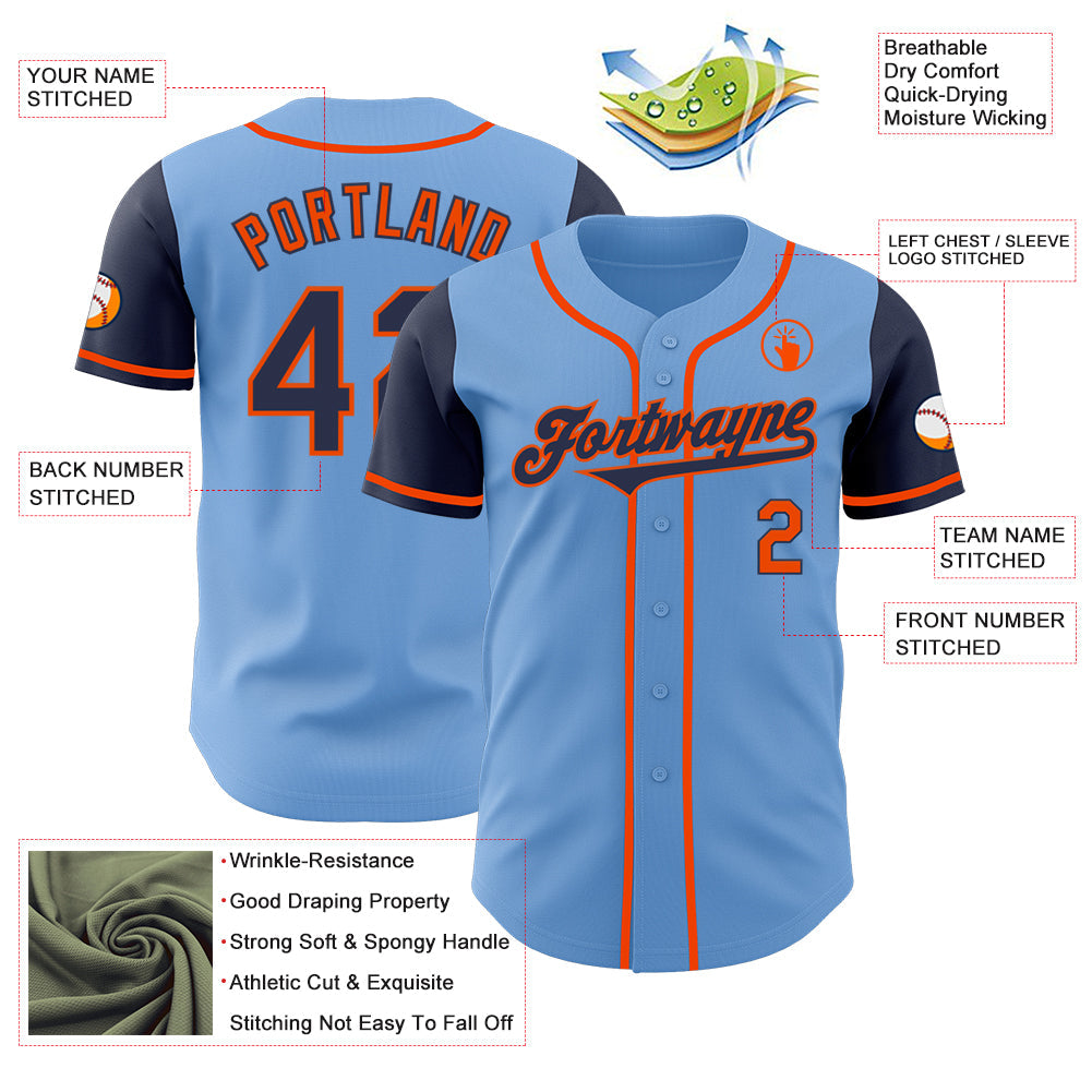 Custom Light Blue Navy-Orange Authentic Two Tone Baseball Jersey - Sky-Custom