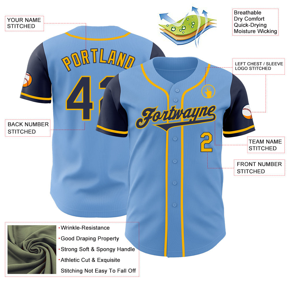 Custom Light Blue Navy-Gold Authentic Two Tone Baseball Jersey - Sky-Custom