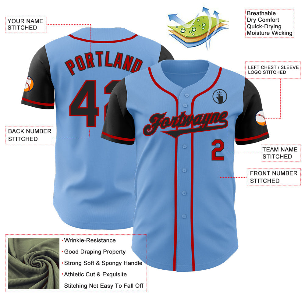 Custom Light Blue Black-Red Authentic Two Tone Baseball Jersey - Sky-Custom
