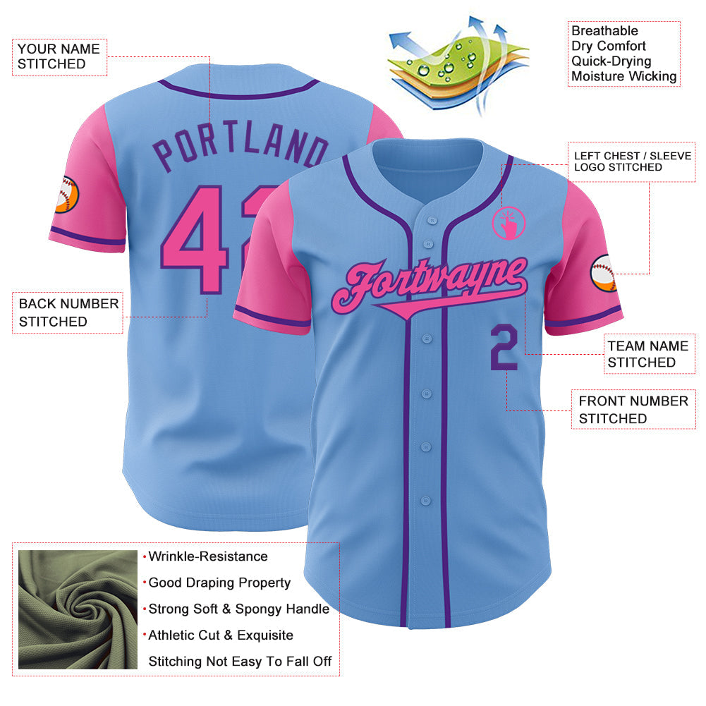 Custom Light Blue Pink-Purple Authentic Two Tone Baseball Jersey - Sky-Custom