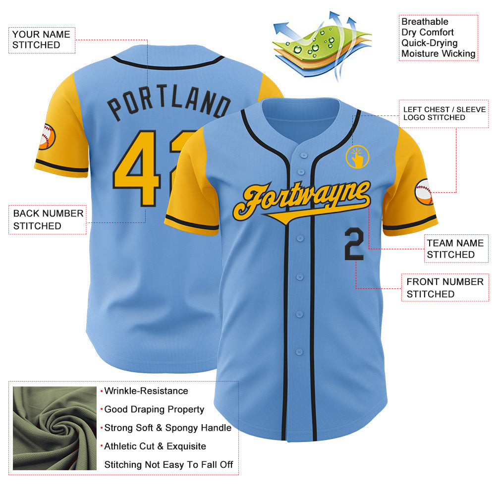 Custom Light Blue Gold-Black Authentic Two Tone Baseball Jersey - Sky-Custom