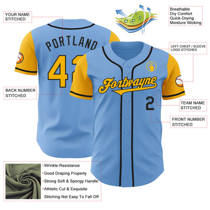 Custom Light Blue Gold-Black Authentic Two Tone Baseball Jersey - Sky-Custom