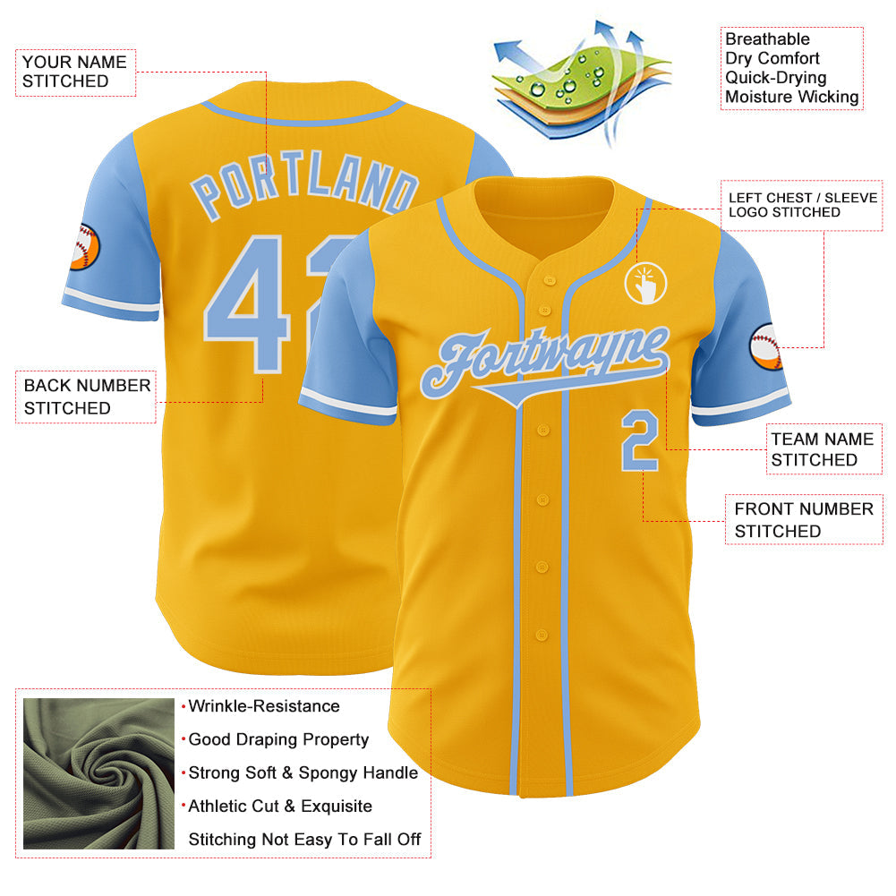Custom Gold Light Blue-White Authentic Two Tone Baseball Jersey - Sky-Custom