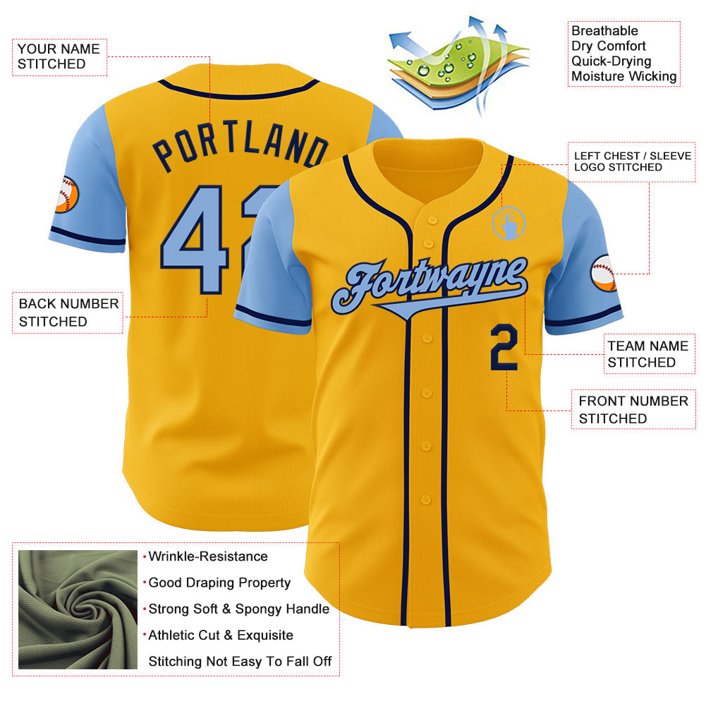 Custom Gold Light Blue-Navy Authentic Two Tone Baseball Jersey - Sky-Custom