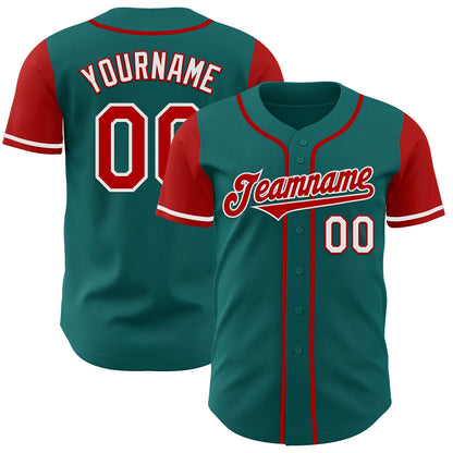 Custom Teal Red-White Authentic Two Tone Baseball Jersey - Sky-Custom