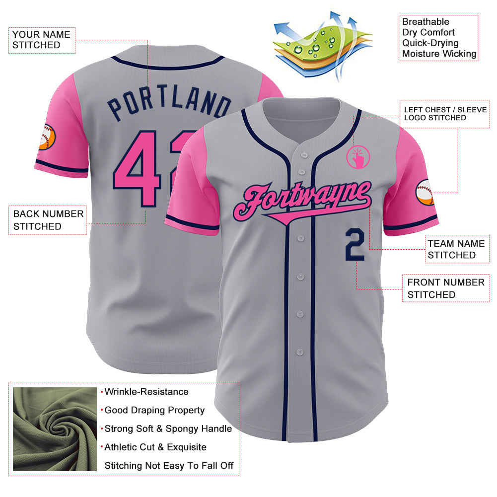 Custom Gray Pink-Navy Authentic Two Tone Baseball Jersey - Sky-Custom