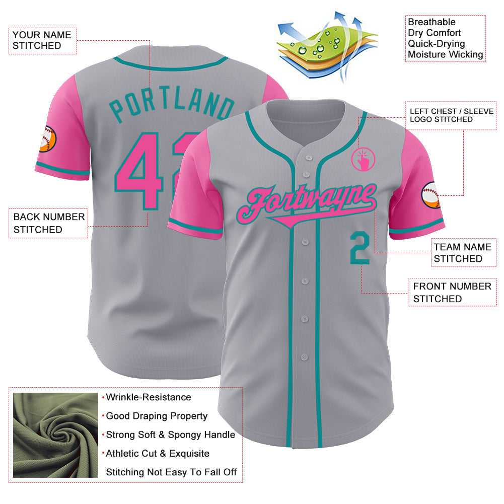 Custom Gray Pink-Teal Authentic Two Tone Baseball Jersey - Sky-Custom