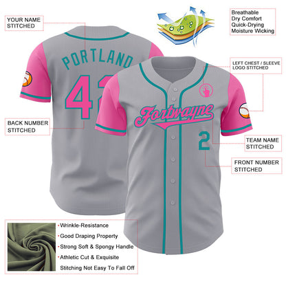 Custom Gray Pink-Teal Authentic Two Tone Baseball Jersey - Sky-Custom
