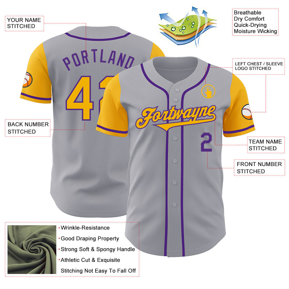 Custom Gray Gold-Purple Authentic Two Tone Baseball Jersey - Sky-Custom