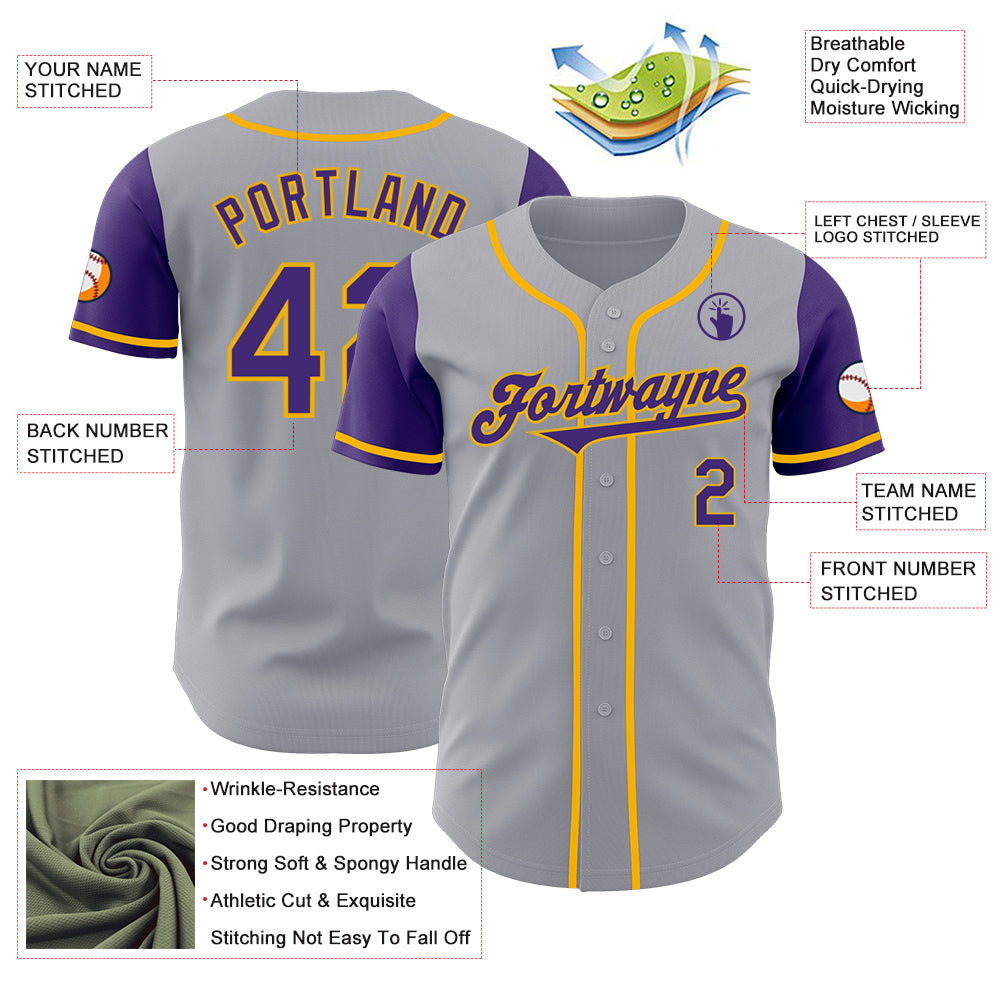 Custom Gray Purple-Gold Authentic Two Tone Baseball Jersey - Sky-Custom
