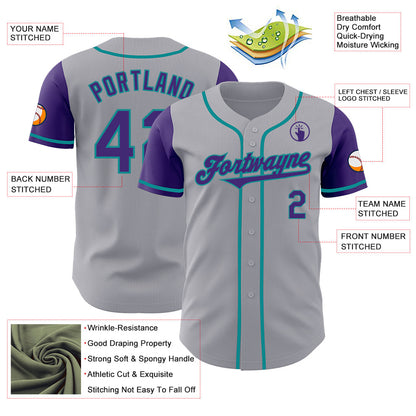 Custom Gray Purple-Teal Authentic Two Tone Baseball Jersey - Sky-Custom