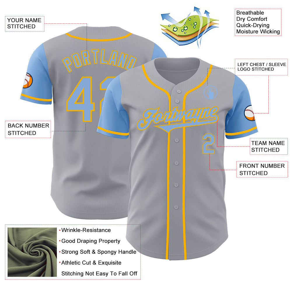 Custom Gray Light Blue-Gold Authentic Two Tone Baseball Jersey - Sky-Custom