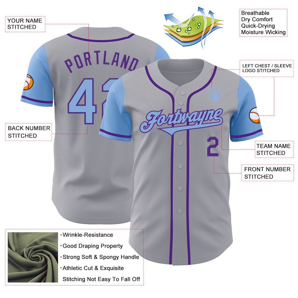 Custom Gray Light Blue-Purple Authentic Two Tone Baseball Jersey - Sky-Custom