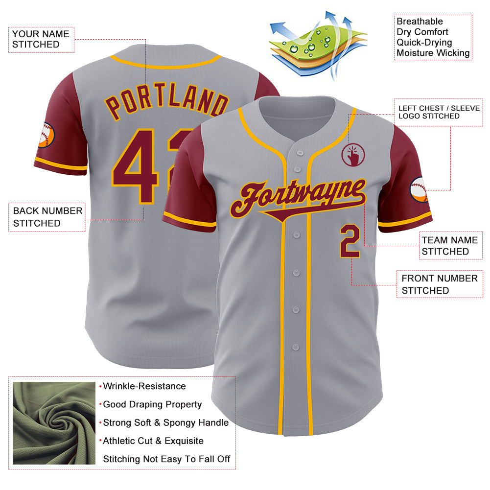 Custom Gray Crimson-Gold Authentic Two Tone Baseball Jersey - Sky-Custom