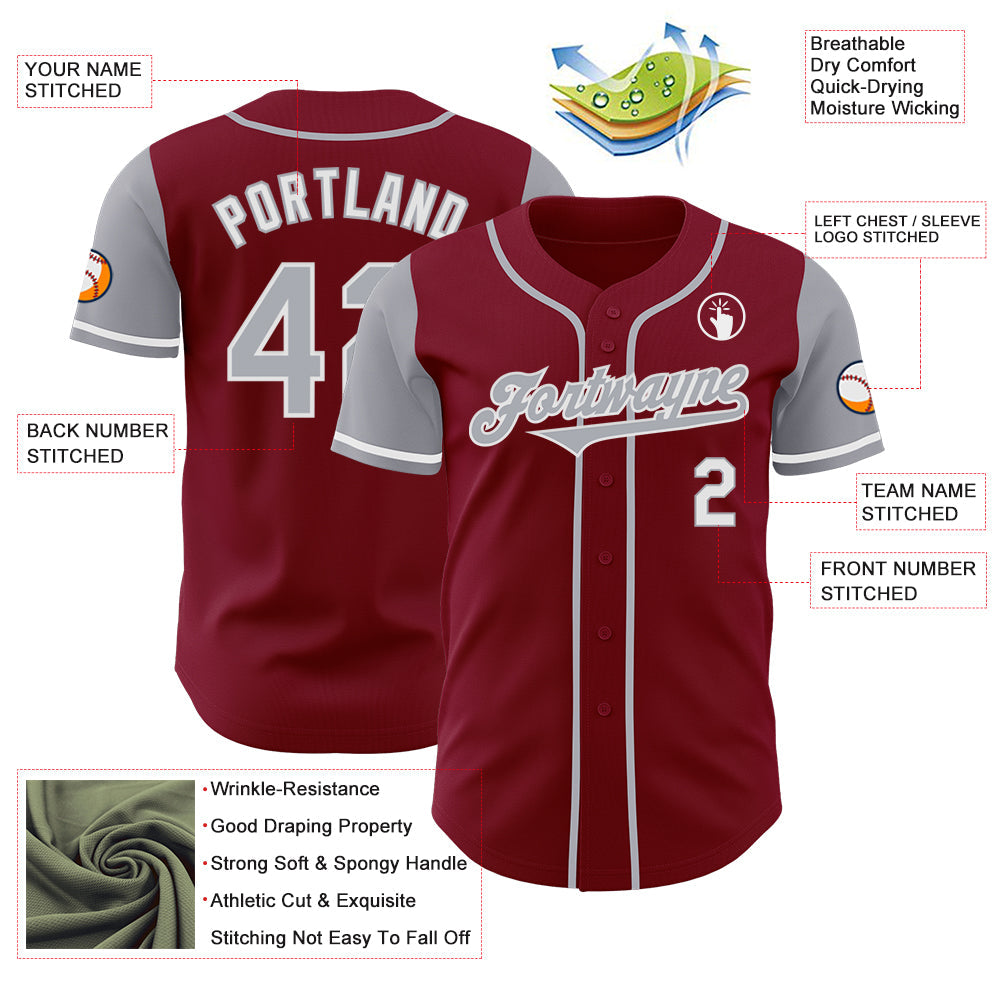 Custom Crimson Gray-White Authentic Two Tone Baseball Jersey - Sky-Custom