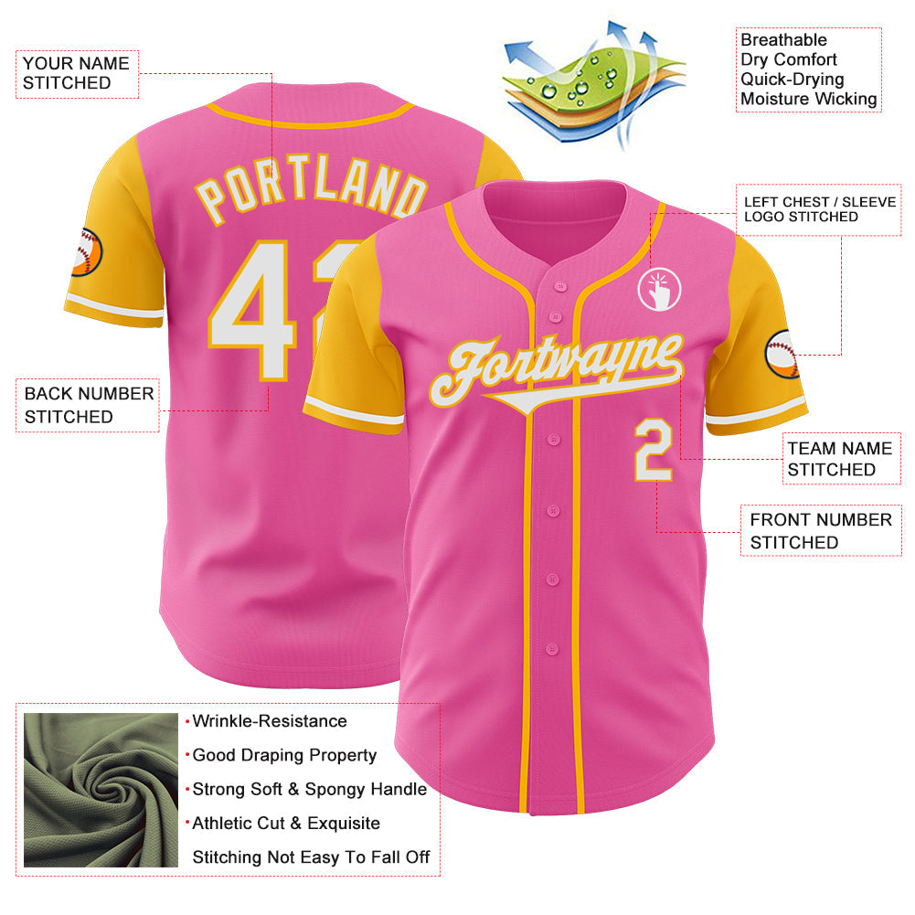Custom Pink White-Gold Authentic Two Tone Baseball Jersey - Sky-Custom