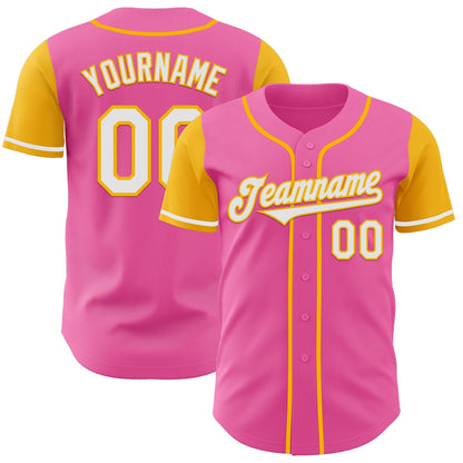 Custom Pink White-Gold Authentic Two Tone Baseball Jersey - Sky-Custom